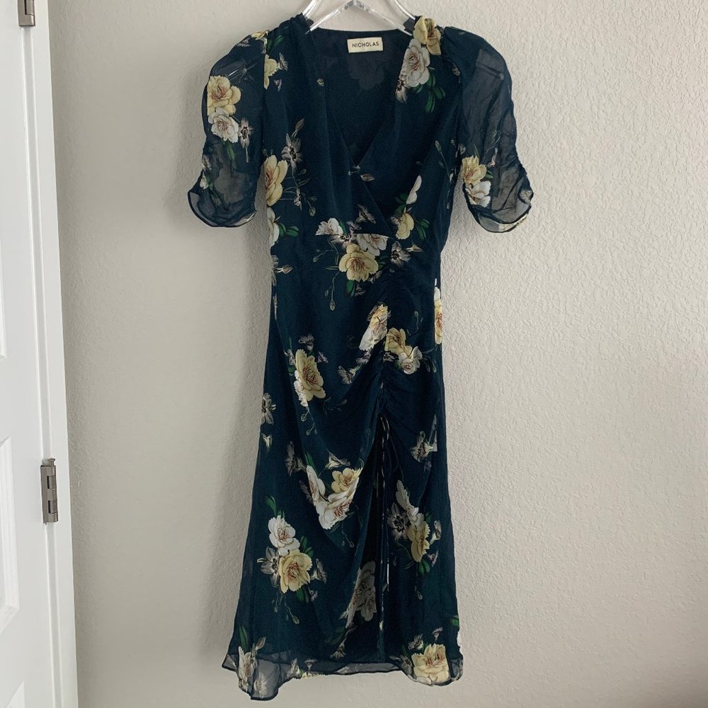 NICHOLAS Sapphire Floral Print Silk Tea Dress